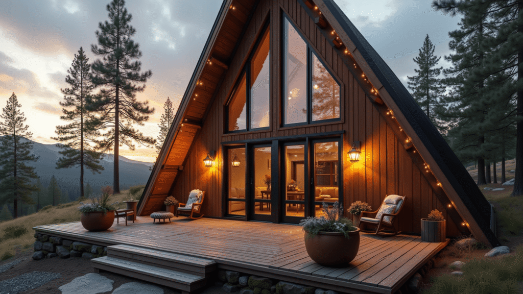"Panoramic shot of a cozy A-frame cabin with cedar siding and black metal trim, geometric windows reflecting sunset, nestled among pine trees with a mountain backdrop"
