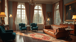 "Grand Georgian living room with antique decor at golden hour"