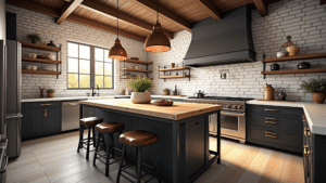 "Sunlit industrial farmhouse kitchen with white shiplap walls, reclaimed wooden beams, vintage copper lights, large oak island and professional-grade appliances"