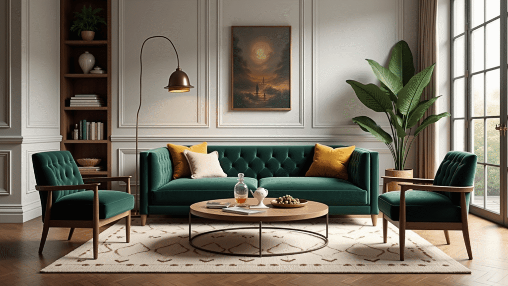 "Luxe modern living room with dark grey tufted sofa, emerald green velvet chairs, and golden hour lighting"