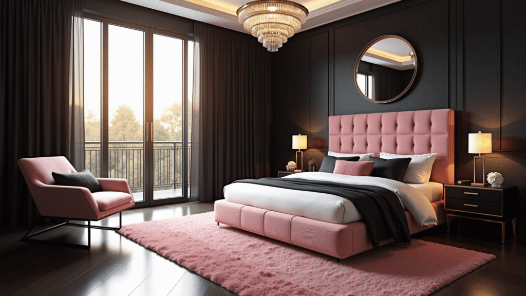 "Luxurious master bedroom with pink velvet tufted headboard, black accent wall, and rose gold accents bathed in golden hour sunlight"