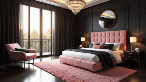 "Luxurious master bedroom with pink velvet tufted headboard, black accent wall, and rose gold accents bathed in golden hour sunlight"