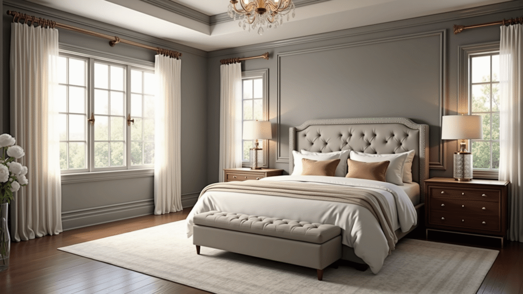 "Luxurious transitional bedroom featuring pearl gray leather bed, walnut nightstands, vintage Persian rug, and crystal chandelier, bathed in golden hour light."