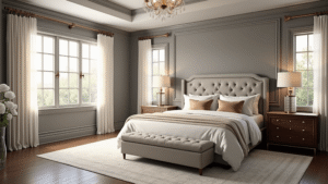 "Luxurious transitional bedroom featuring pearl gray leather bed, walnut nightstands, vintage Persian rug, and crystal chandelier, bathed in golden hour light."