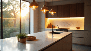 "Luxury modern kitchen interior with layered lighting design, white marble island, cream cabinets, and natural sunlight streaming through large windows at golden hour"