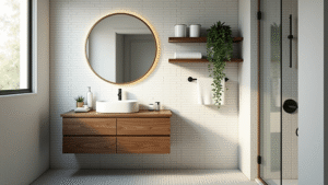 "Modern minimalist bathroom with morning sunlight, white subway tiles, floating walnut vanity and decorative brass shelves"