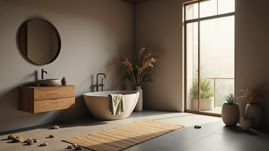 Wabi-Sabi Bathroom: Embracing Imperfect Natural Beauty in Your Personal Sanctuary "Tranquil bathroom in soft morning light featuring a stone soaking tub, reclaimed oak vanity with stone sink, sage green natural linen towels, river rocks on polished concrete floor, and nature-inspired décor elements in earth tones."