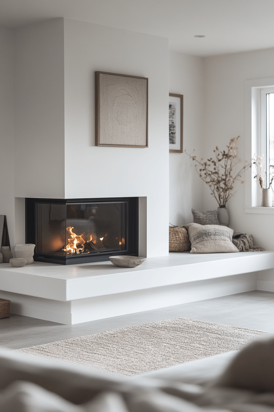 25 Fireplace Interior Ideas to Enhance Your Home’s Ambience 1 Minimalist White Fireplace Elegance