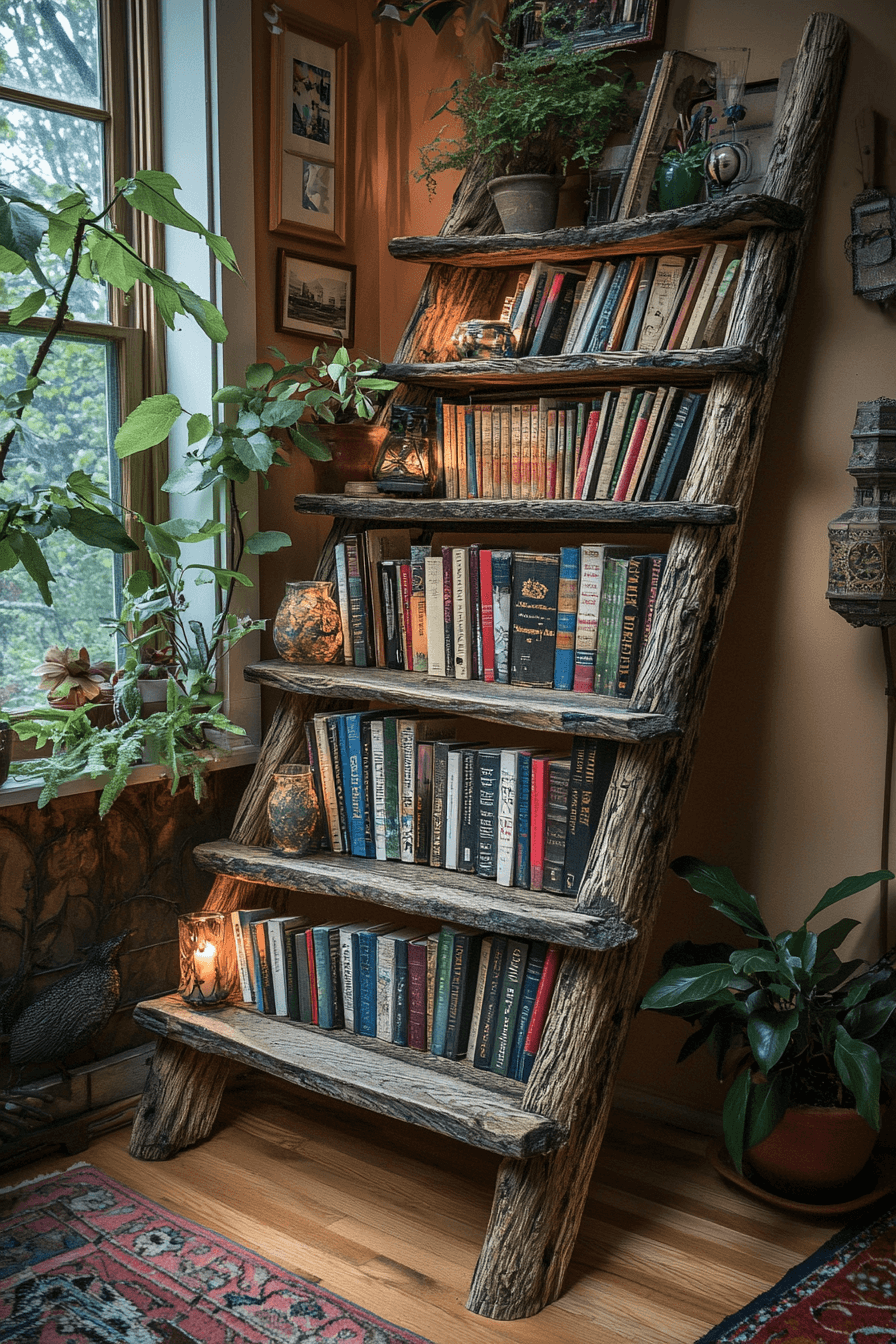 25 Bookshelf Ideas to Showcase Your Favorite Reads and Decor 2 Rustic Ladder Storage Feature