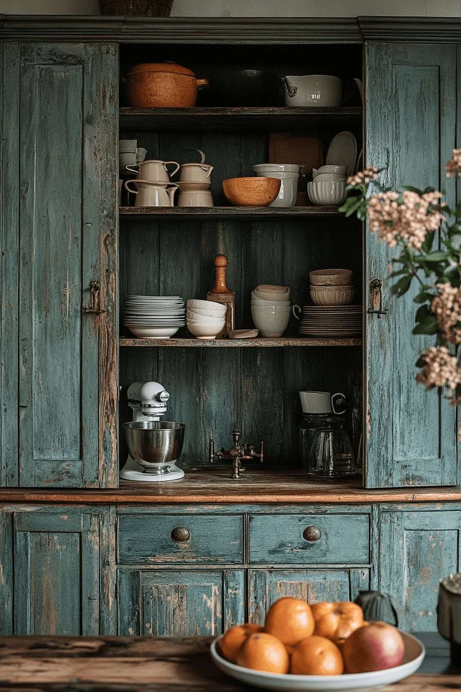 25 Antique Farmhouse Decor Ideas That Will Enhance Your Home’s Charm 6 Worn Kitchen Cabinets Charm